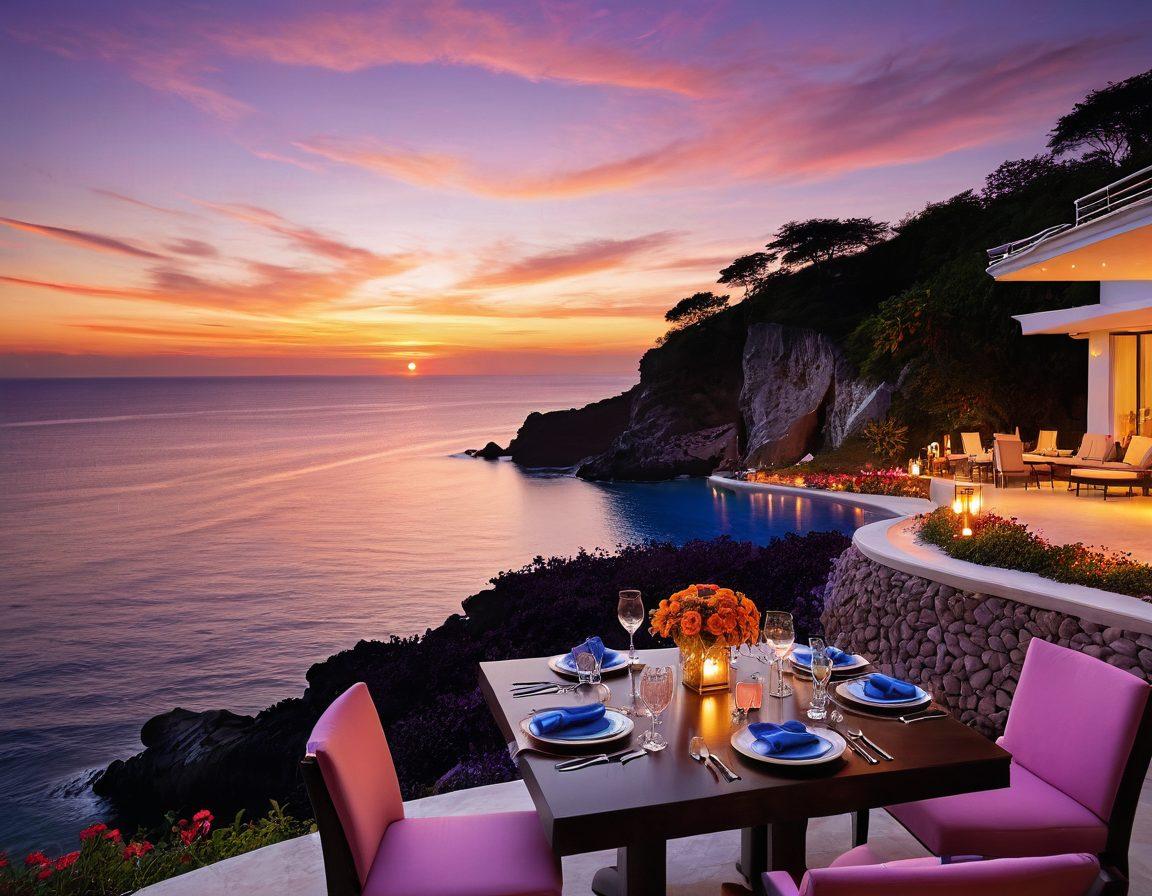A stunning luxury villa overlooking a pristine beach at sunset, featuring an infinity pool reflecting the vibrant sky and lush tropical gardens with exotic flowers. A table set for dinner on the terrace, exuding elegance and tranquility. Soft waves lapping at the shore in the background. super-realistic. vibrant colors. 3D.
