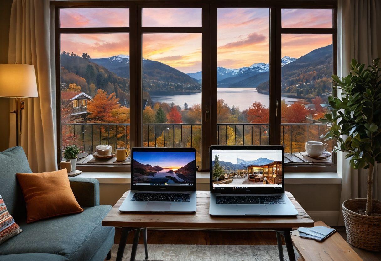 A cozy and inviting living room with a mix of modern and traditional decor, large windows revealing a scenic view of a picturesque holiday destination. In the foreground, an open laptop displaying a rental website, alongside a steaming cup of coffee and a notepad filled with travel notes. Soft lighting enhances the warmth of the space, inviting viewers to dream about their next getaway. super-realistic. vibrant colors. warm tones.