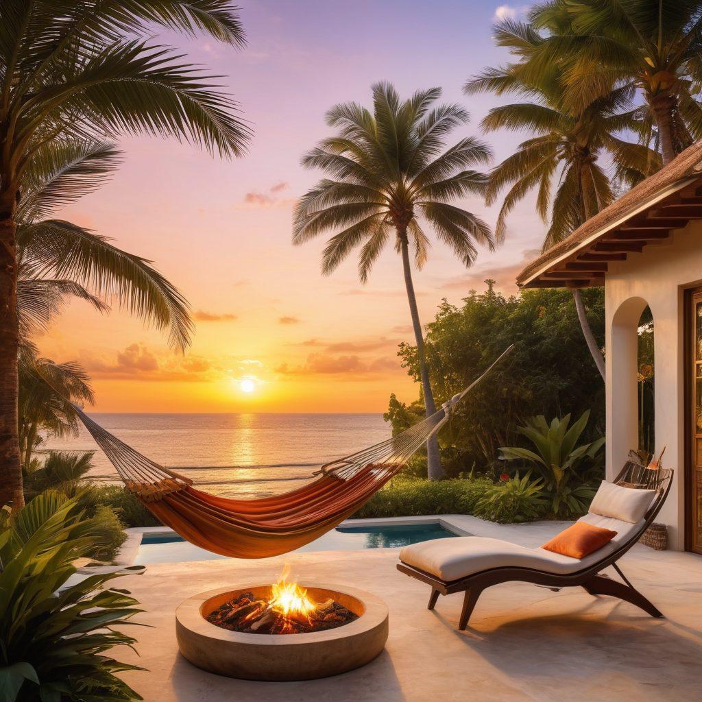 A luxurious yet inviting villa surrounded by lush greenery and a serene beach, showcasing a hammock between palm trees and an elegant outdoor dining area. The scene captures a sunset casting warm golden hues, with hints of affordability like cozy lounge chairs and a small fire pit. The atmosphere should feel exclusive yet accessible, inviting viewers to dream of their next getaway. super-realistic. vibrant colors. sunset backdrop.